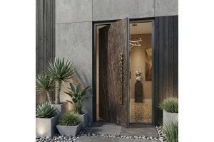 Puerta batiente de aluminio revestida con cuarzo sinterizado Noir Desir