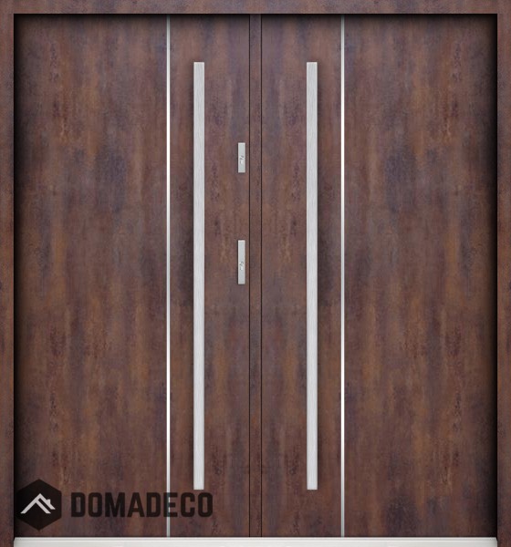 Sta Nakamoto Double: puerta de entrada doble de acero moderna con rayas verticales.