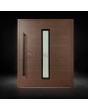 Puerta de entrada moderna de aluminio con pivote en color wengué