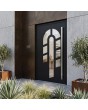 Puerta de aluminio negra de una hoja con cristal decorativo 