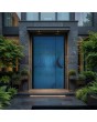 Puerta batiente de aluminio revestida con chapa de acero inoxidable azul
