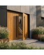 Puerta doble simple de aluminio en color roble dorado