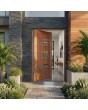 Puerta de entrada pivotante de aluminio Golden Oak con ventanas verticales.