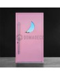Puerta de entrada de aluminio rosa con cristal en forma de luna.