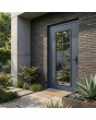 Puerta de entrada clásica de aluminio antracita con bisagras y cristal.