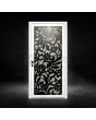 Puerta de aluminio con cristal blanco y panel decorativo negro.