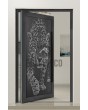 PIVOT G5 - Puerta pivotante de aluminio y cristal con motivo de tigre en panel decorativo.
