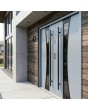 Puerta de entrada doble moderna de acero plateado con marco negro alrededor del cristal