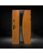 Puerta de entrada de acero inoxidable color roble dorado con marco negro alrededor del cristal.