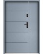 Sta Henson Uno: puerta de entrada contemporánea de acero con nervaduras y panel lateral.