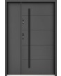 Sta Henson Uno: puerta de entrada contemporánea de acero con nervaduras y panel lateral.