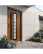 Puerta de entrada moderna de acero en tono roble dorado con cristal