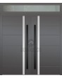 Puerta doble LIM de aluminio con panel superior de cristal.