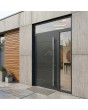 Puerta batiente de aluminio antracita con panel de cristal a la derecha y en la parte superior