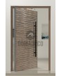 PIVOT M16 - Puerta de entrada delantera de aluminio con bisagras y textura de metal fresado.