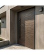 Puerta de entrada frontal de aluminio con bisagras y textura de metal fresado.
