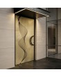 Puerta con bisagras de aluminio con textura de latón amarillo de metal fresado.