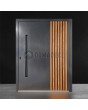 Puerta pivotante de aluminio con lamas verticales de perfiles de aluminio