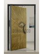 PIVOT M8: puerta pivotante de aluminio con textura dorada de metal fresado.