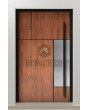 LIM V35 - Puerta de entrada de aluminio con textura de madera y decoración inoxidable.