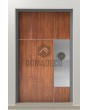 PIVOT V35 - Puerta de entrada de aluminio con textura de madera y decoración inoxidable.