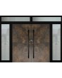 Puerta doble LIM de aluminio con panel de cristal superior izquierdo, derecho y central.