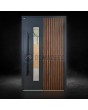 Puerta pivotante de aluminio con lamas verticales de perfiles de aluminio