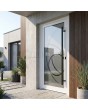 Puerta de entrada de aluminio blanco esmerilado con decoración transparente.