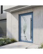 Puerta de entrada de aluminio azul con decoración transparente