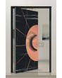 PIVOT Sahara: puerta pivotante de aluminio recubierta con cuarzo sinterizado Sahara Noir y lámina de cobre.