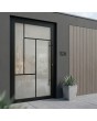 Puerta pivotante de aluminio totalmente acristalada en color negro con travesaños