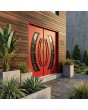 Puerta doble exterior metálica de alta seguridad, de color rojo, con cristal y marco negro