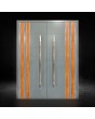 Puerta de entrada doble de aluminio en color gris azulado con detalles en madera