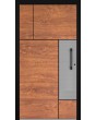 LIM V35 - Puerta de entrada de aluminio con textura de madera y decoración inoxidable.