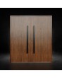 Puerta doble de aluminio color nogal con rayas verticales