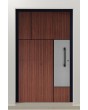 PIVOT V35 - Puerta de entrada de aluminio con textura de madera y decoración inoxidable.