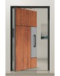 PIVOT V35 - Puerta de entrada de aluminio con textura de madera y decoración inoxidable.