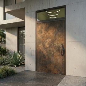 Puerta batiente de aluminio LIM con panel superior de vidrio.