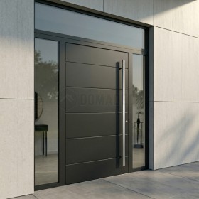 Puerta de entrada Integra en color antracita con paneles de cristal a la izquierda, a la derecha y en la parte superior