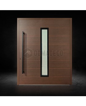 Puerta de entrada moderna de aluminio con pivote en color wengué