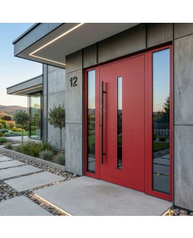 Puerta exterior roja de aluminio con panel de vidrio a izquierda y derecha.
