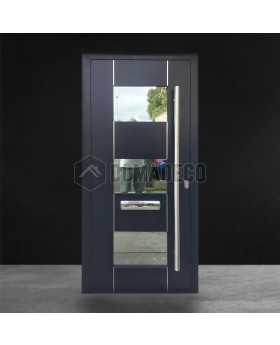 Puerta de entrada moderna de aluminio con aislamiento térmico en caoba y cristal.
