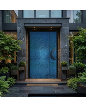Puerta batiente de aluminio revestida con chapa de acero inoxidable azul