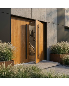 Puerta doble simple de aluminio en color roble dorado
