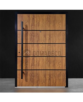 Puerta de entrada minimalista de aluminio color roble dorado