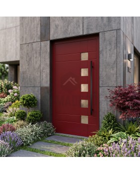 Puerta de entrada moderna de aluminio, roja y a medida