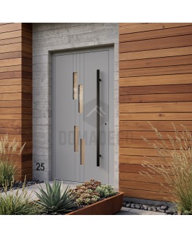 Puerta de entrada moderna de aluminio gris con ventanas verticales
