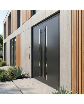 Puerta de entrada de aluminio negro con doble bisagra y cristal vertical