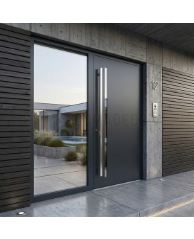 Puerta principal de aluminio antracita con un bonito diseño moderno y panel de cristal