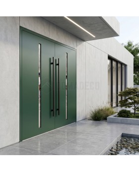 Puerta de entrada de aluminio con doble bisagra y cristal vertical